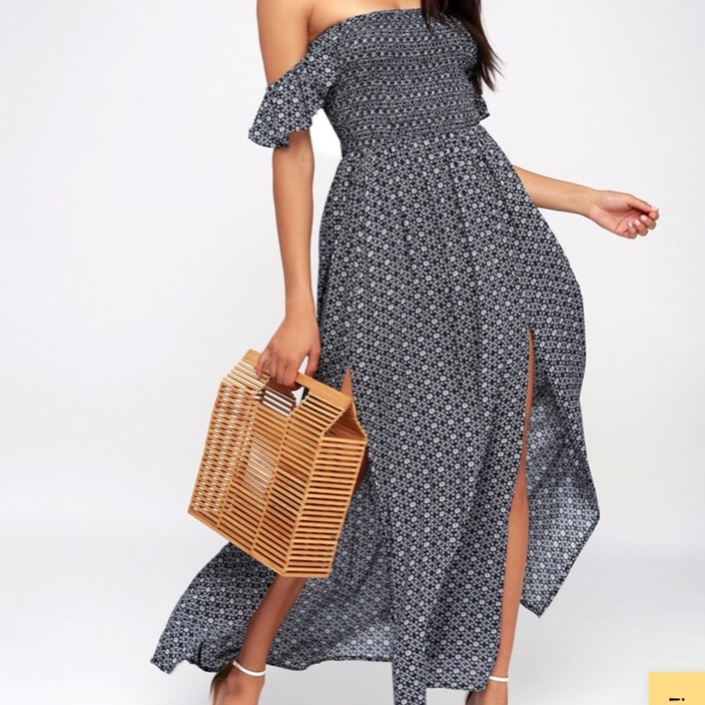 Catch the Sun Navy Blue Print Off-the-Shoulder Maxi Dress